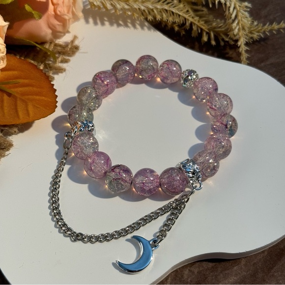 Lavender Pink Beaded Bracelet with Crescent Moon Charm - Picture 4 of 5